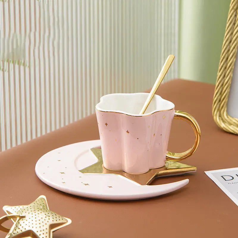 Creative Ceramic Cup With Star And Moon Saucer Magenta Charlie