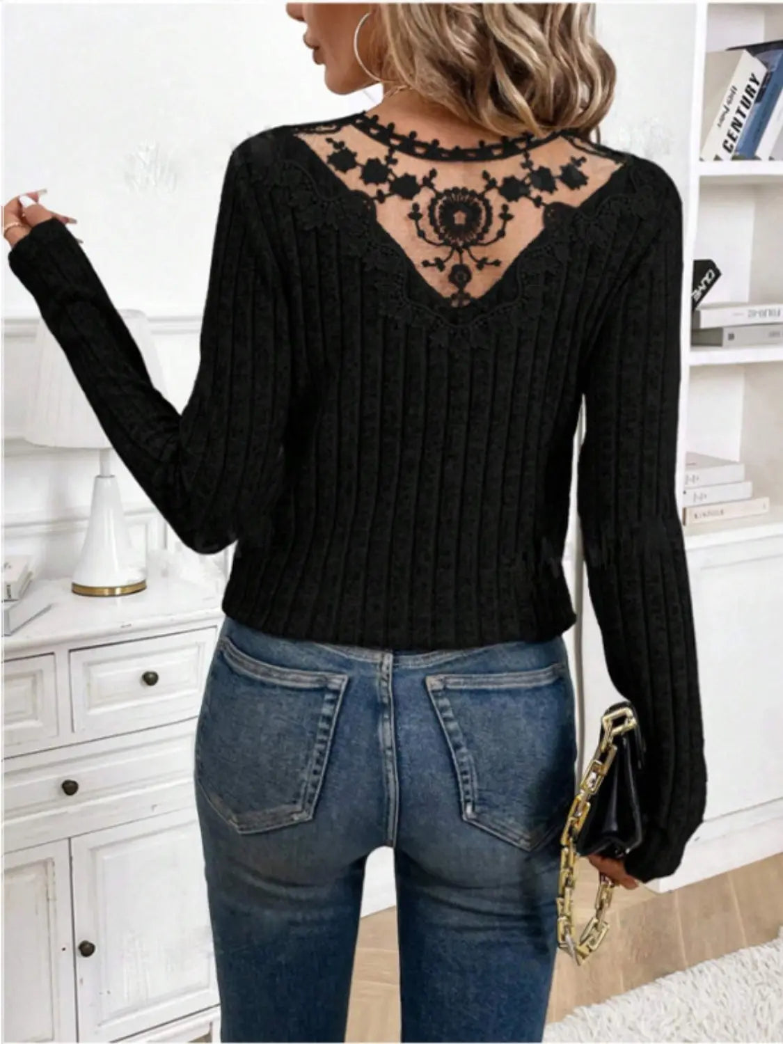 Lace Detail V-Neck Long Sleeve T-Shirt Trendsi