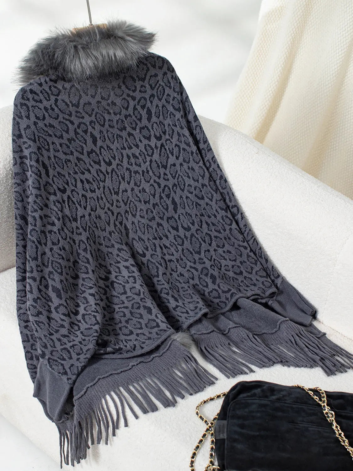 Fringe Leopard Open Front Long Sleeve Poncho Trendsi