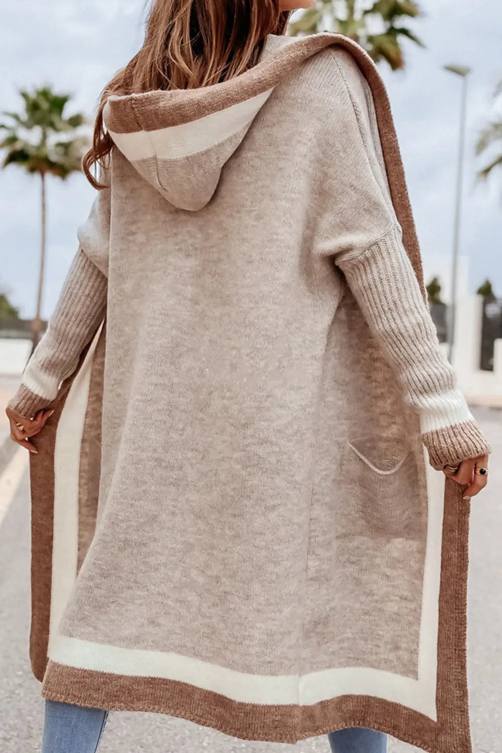 Pocketed Contrast Long Sleeve Hooded Cardigan Trendsi