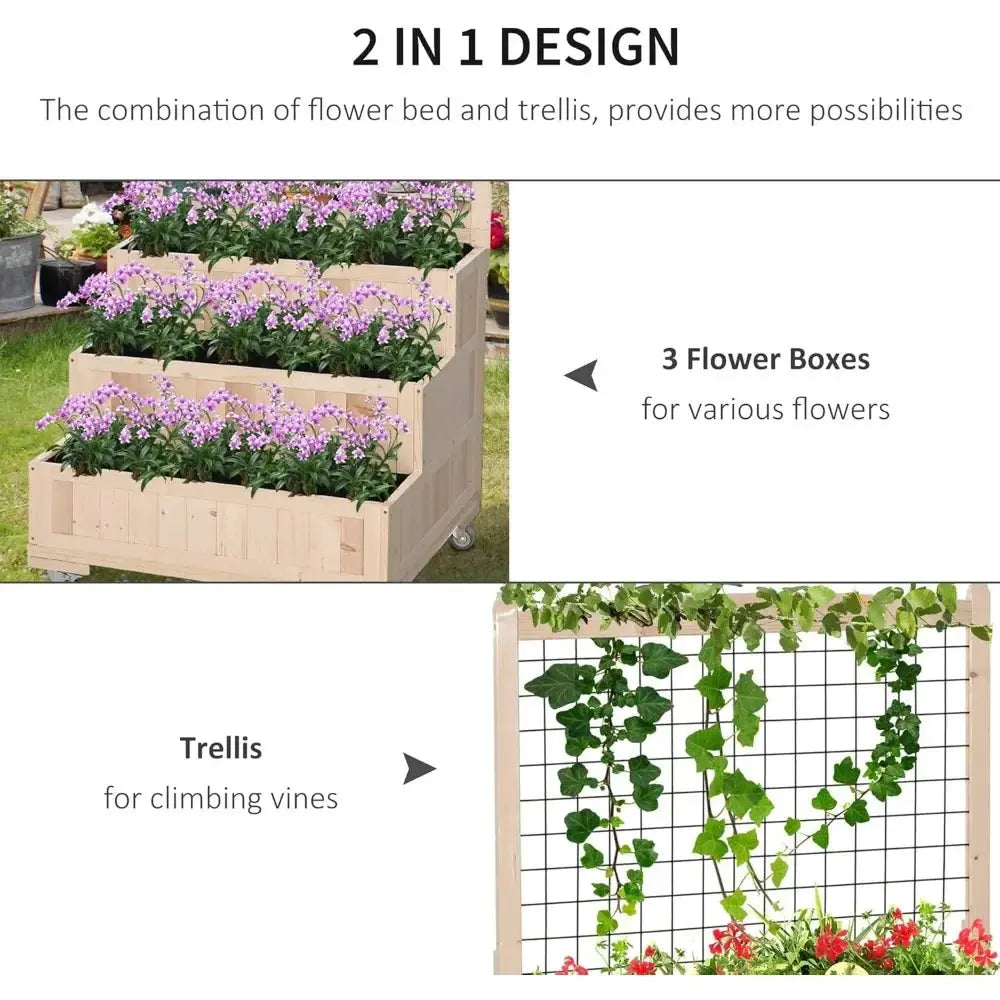 3-Tiers Raised Garden Bed with Trellis, 53" H Vertical Planter Box with Wheels & Back Storage Area, for Flowers, Vegeta The Zebra Effect