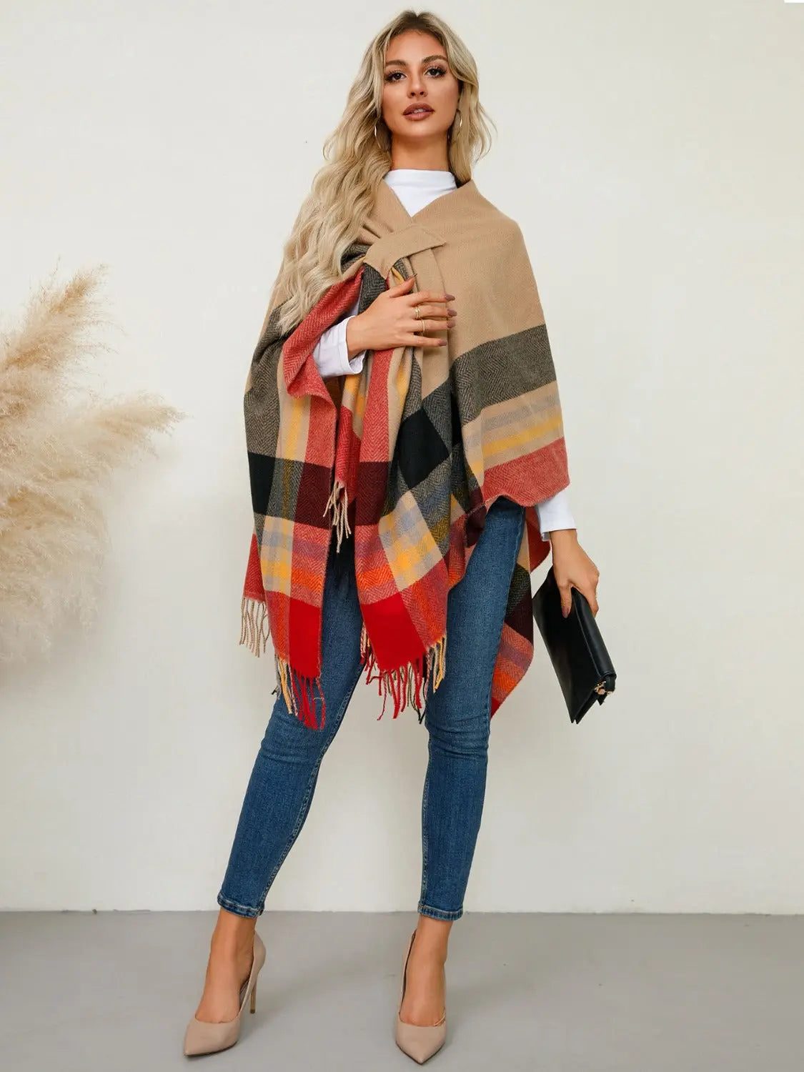 Fringe Contrast Plaid Poncho Trendsi