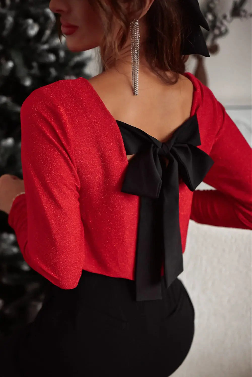 Bowknot V-Neck Long Sleeve Blouse Trendsi