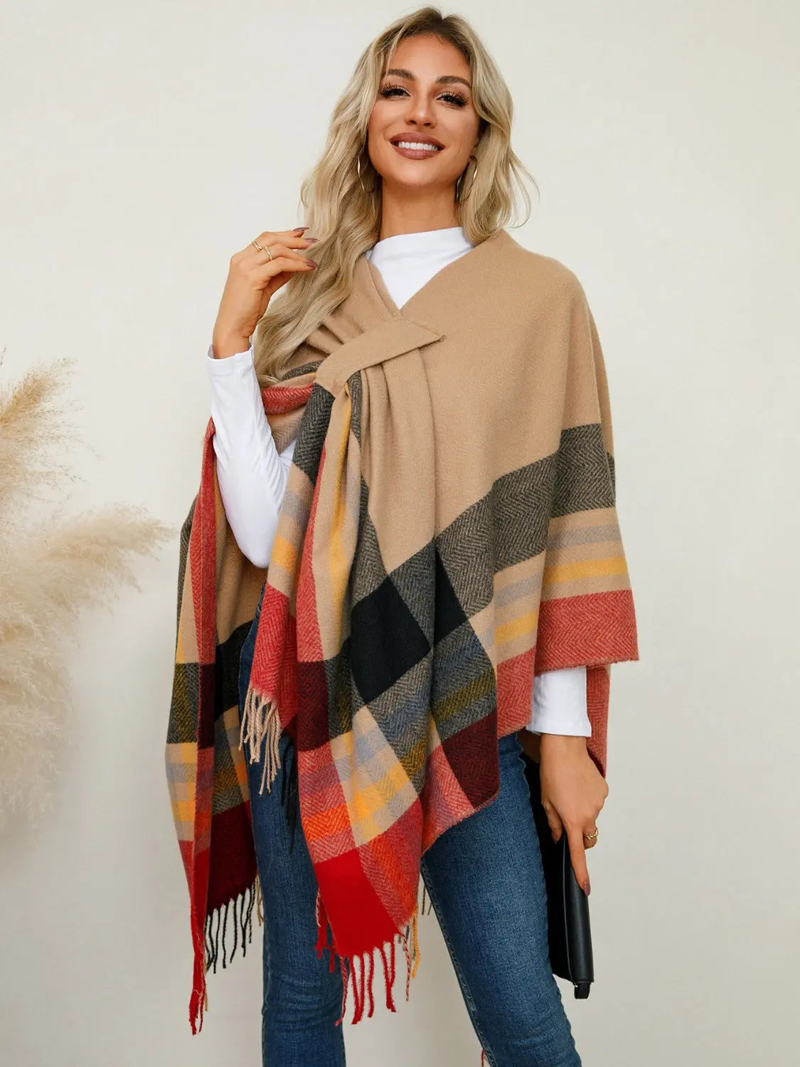 Fringe Contrast Plaid Poncho Trendsi