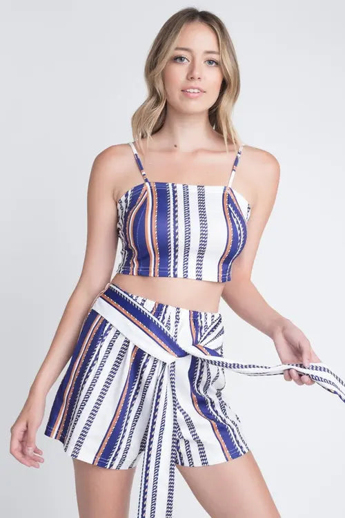 Women's Unique Stripe Printed 2pc Set with Tie Ivory Felix