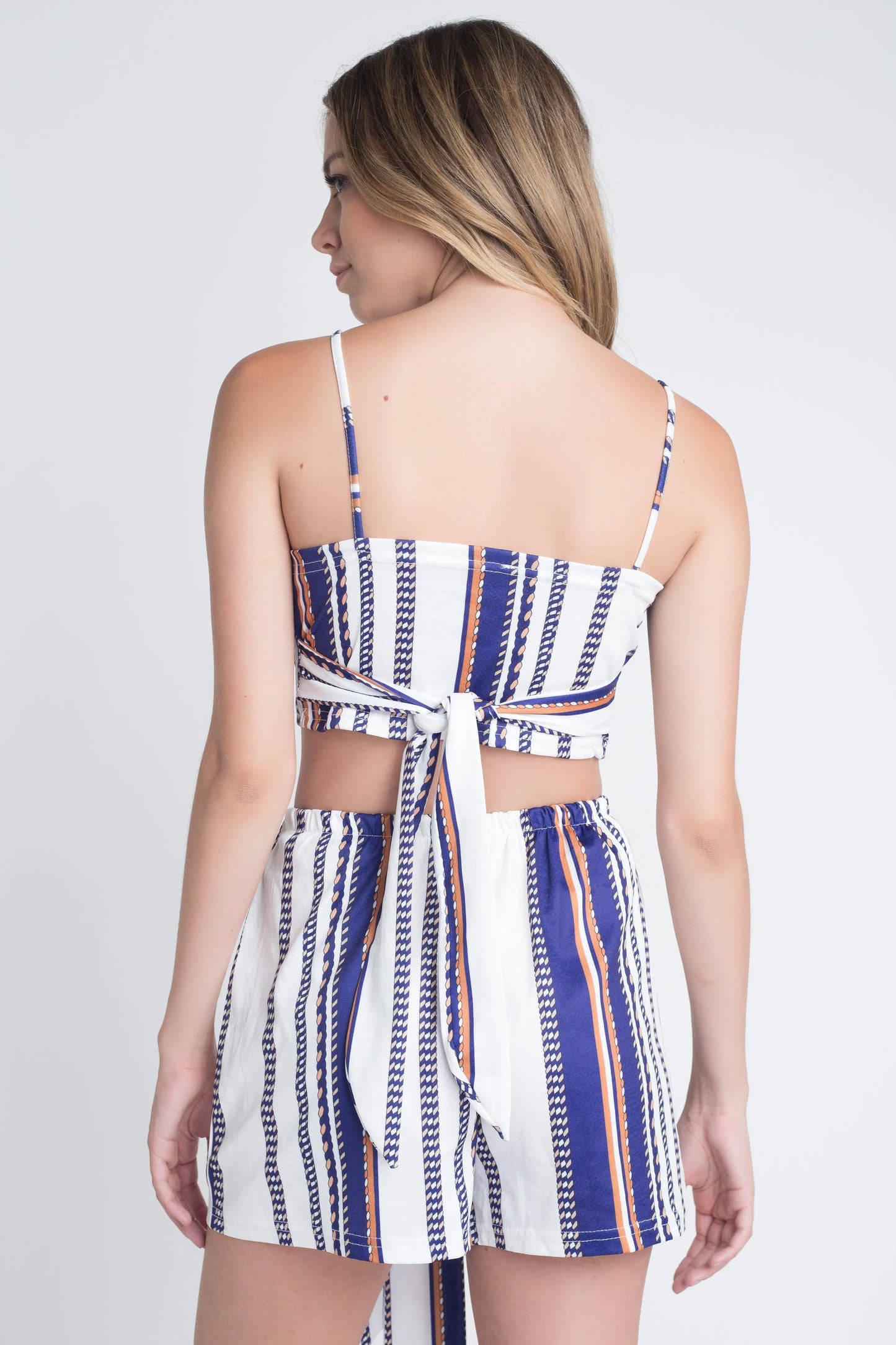 Women's Unique Stripe Printed 2pc Set with Tie Ivory Felix