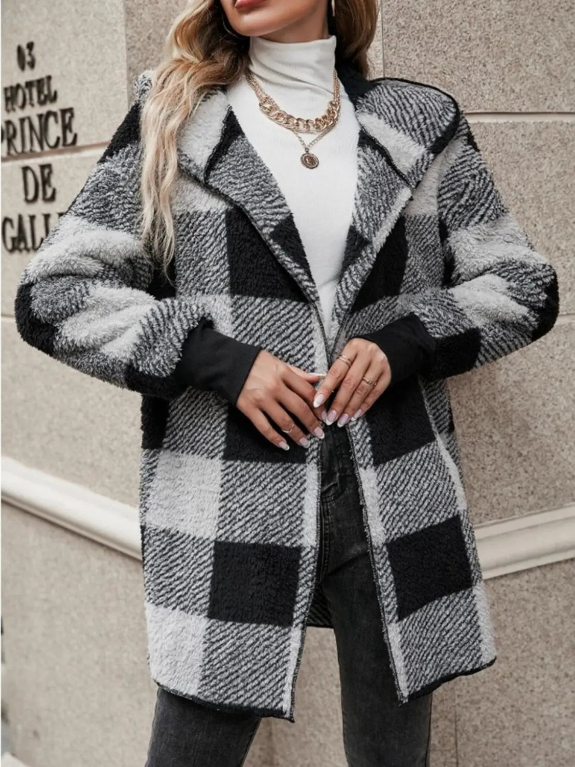 Plaid Long Sleeve Hooded Coat Trendsi