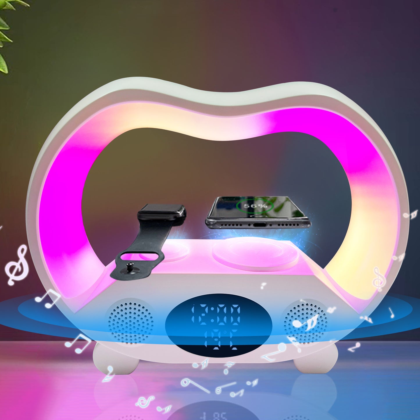 2024 New 6 In 1 Smart Remote Control Bluetooth-compatible Ambience Intelligent LED Table Lamp Multi-function Wireless Charger Night Light Bluetooth-compatible Speaker Magenta Charlie