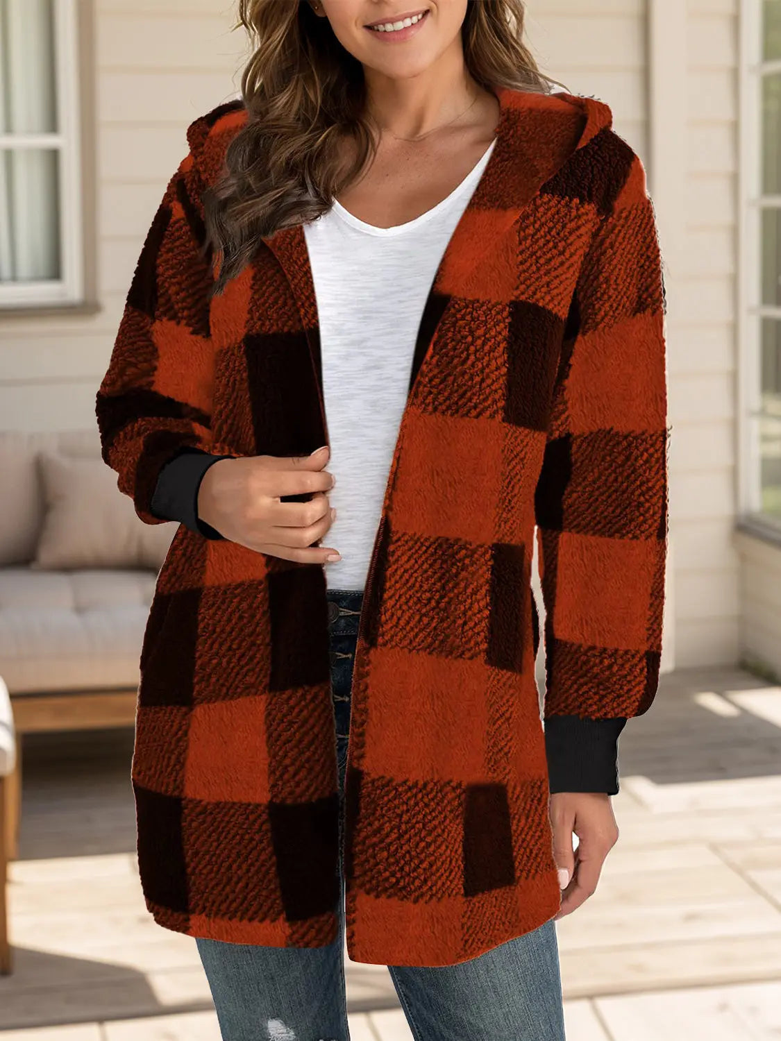 Plaid Long Sleeve Hooded Coat Trendsi