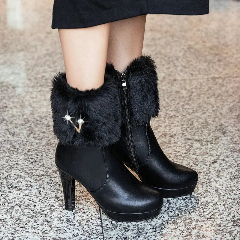 Autumn And Winter Short Boots Snow Female Buskin Female Boots Chunky Heel Booties Magenta Charlie