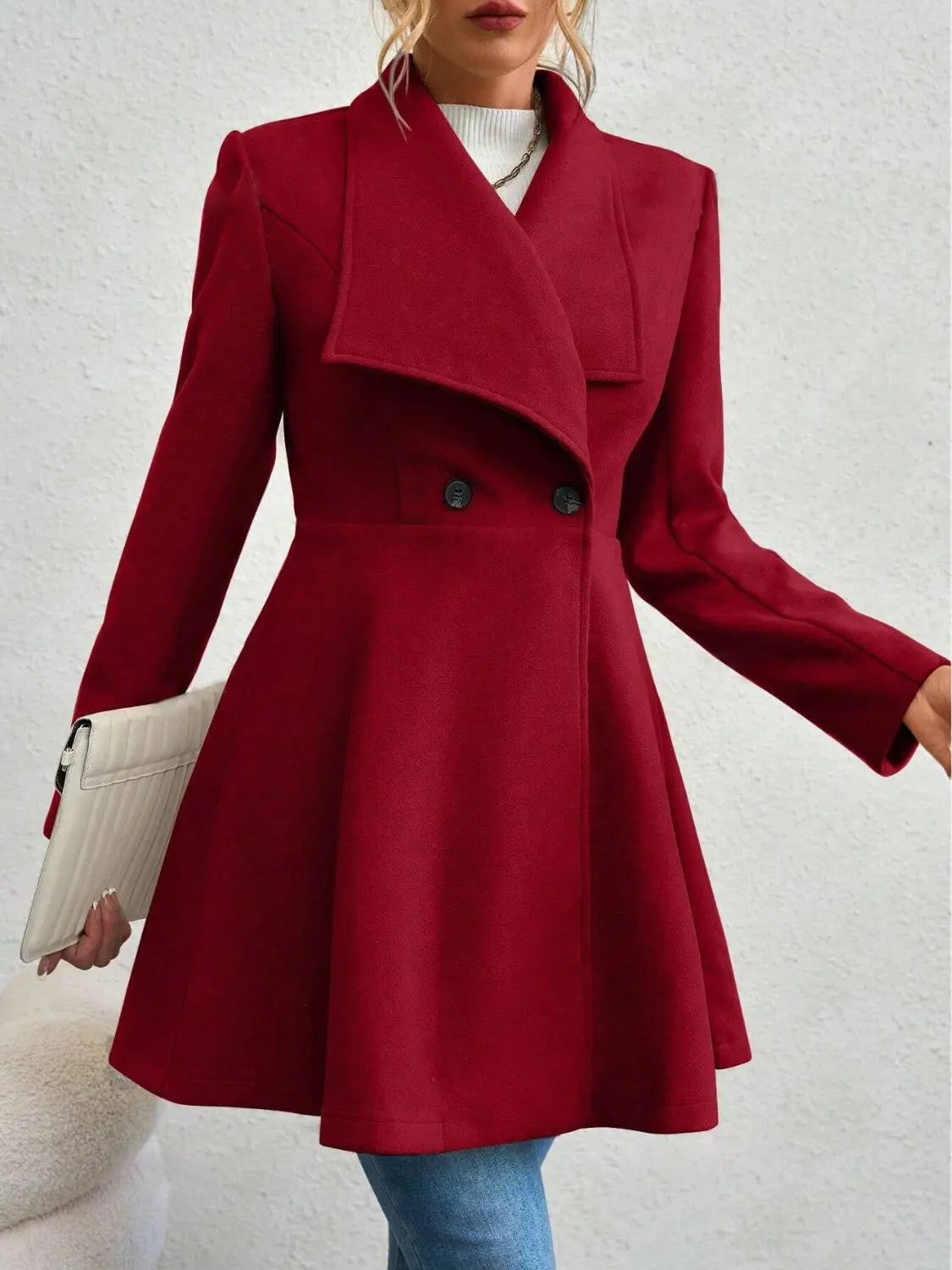 Collared Neck Button Up Long Sleeve Coat Trendsi