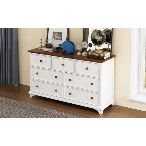 Wooden Captain Seven-Drawer Dresser For Bedroom, Living Room, Kids' Room, White Walnut The Zebra Effect