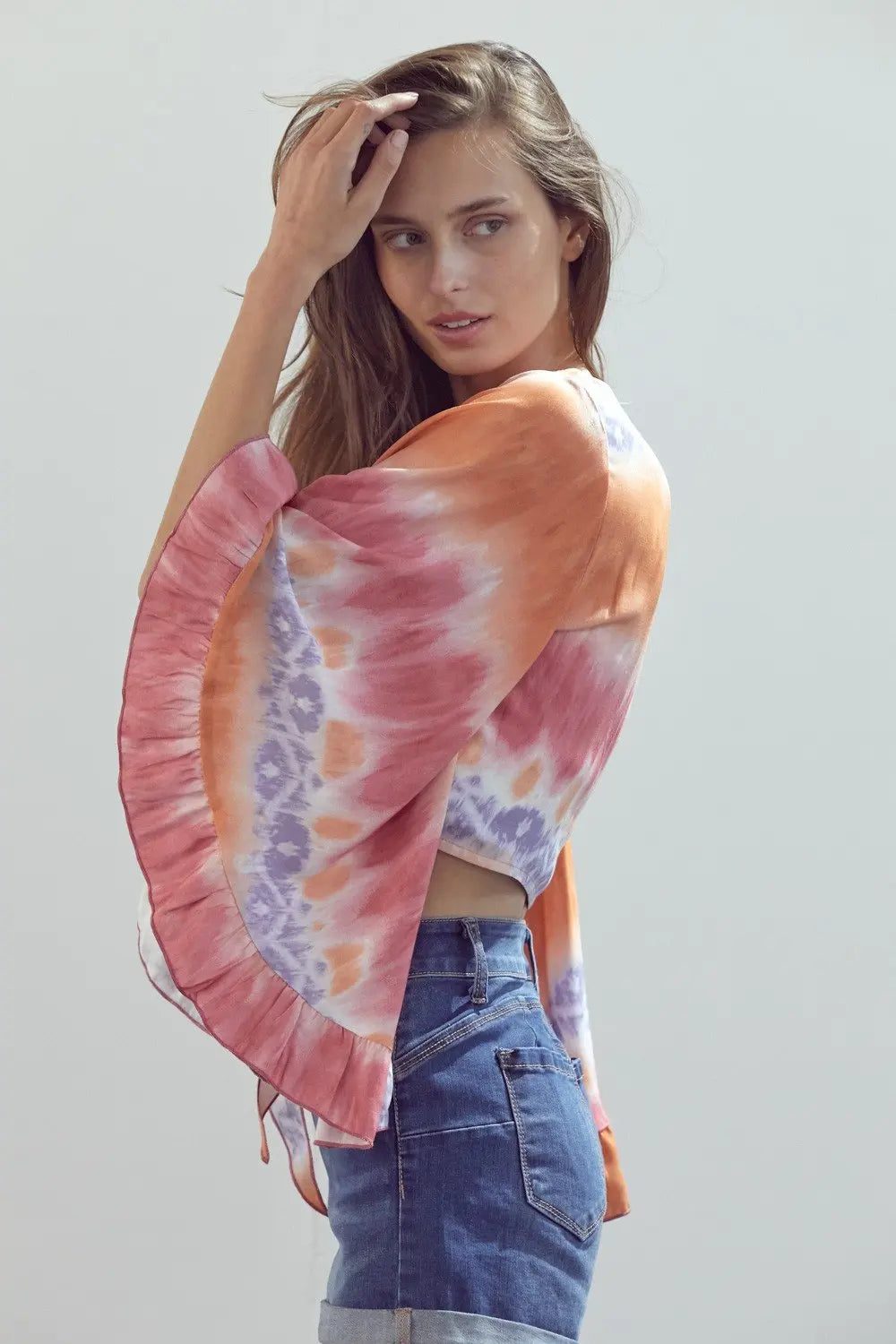 Bell-Sleeve Tie-Dye Crop Top with Flowy Sleeves Indigo Arrowwood