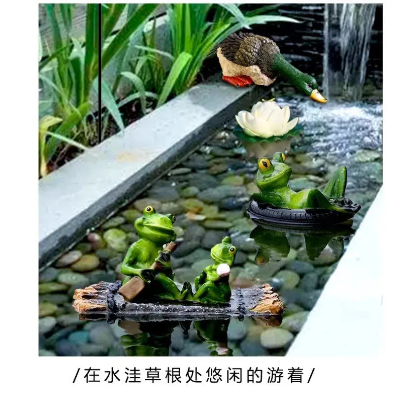 Small Yard Fish Pond Simulation Animal Bamboo Raft Frog Resin Ornaments Garden Decoration Courtyard Pond Floating Fish Tank The Zebra Effect