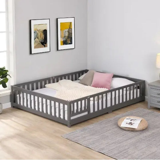 Full Size Floor Bed With Door,Solid Wood Platform Bed Frame With Fence,Suitable For Children,Pine Wood Magenta Charlie