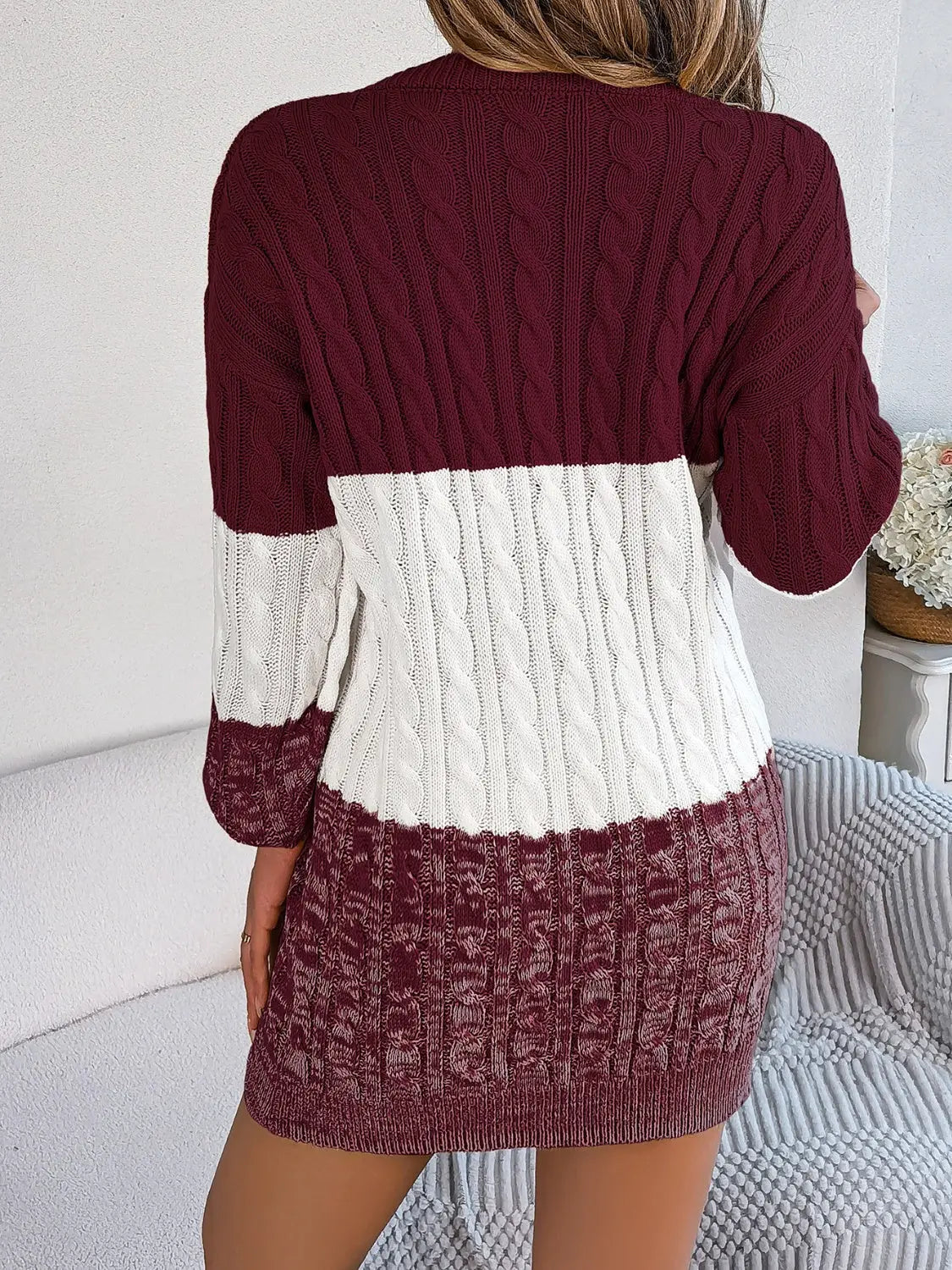 Cable-Knit Round Neck Color Block Sweater Dress Trendsi