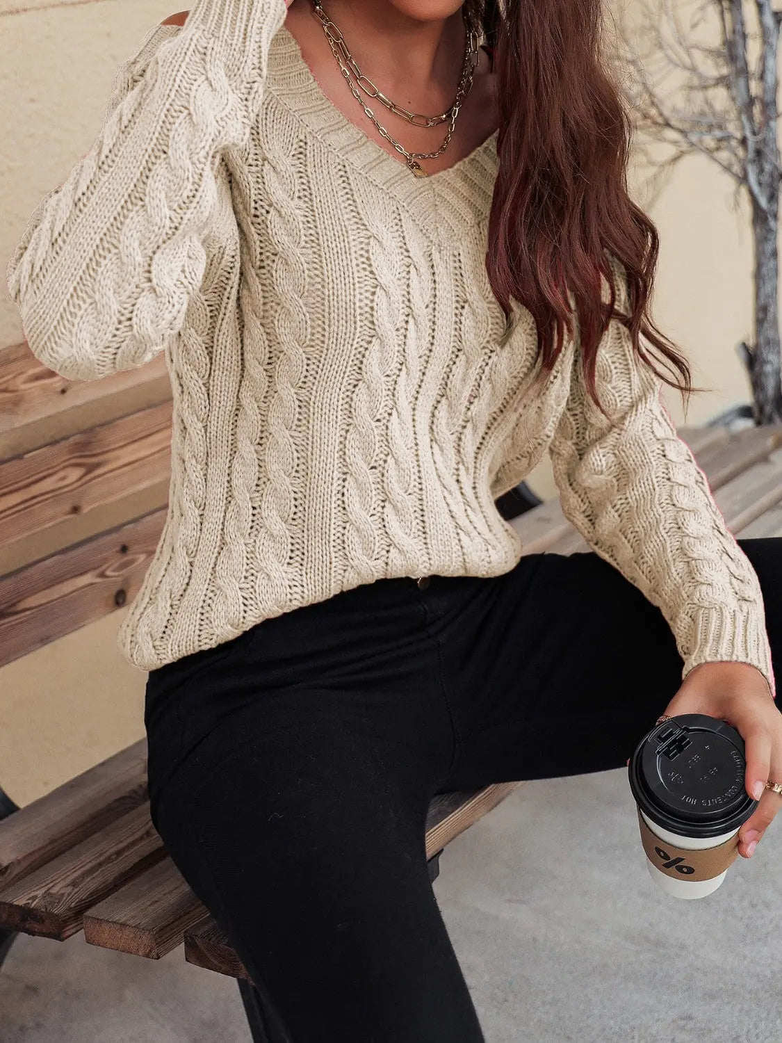 Honey Cable-Knit V-Neck Cold Shoulder Sweater Trendsi