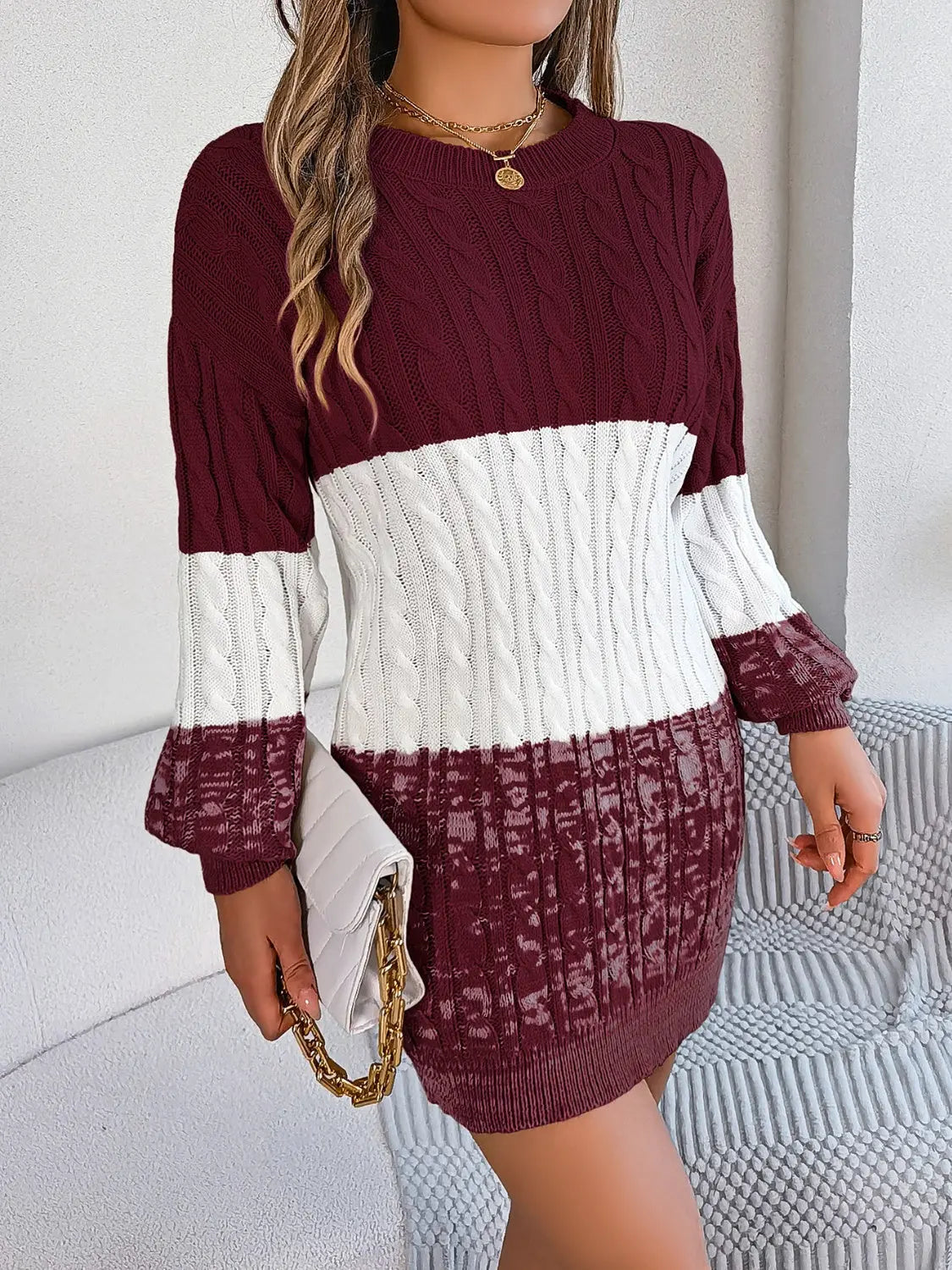 Cable-Knit Round Neck Color Block Sweater Dress Trendsi