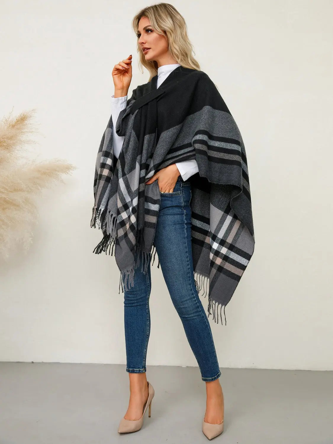 Fringe Contrast Plaid Poncho Trendsi