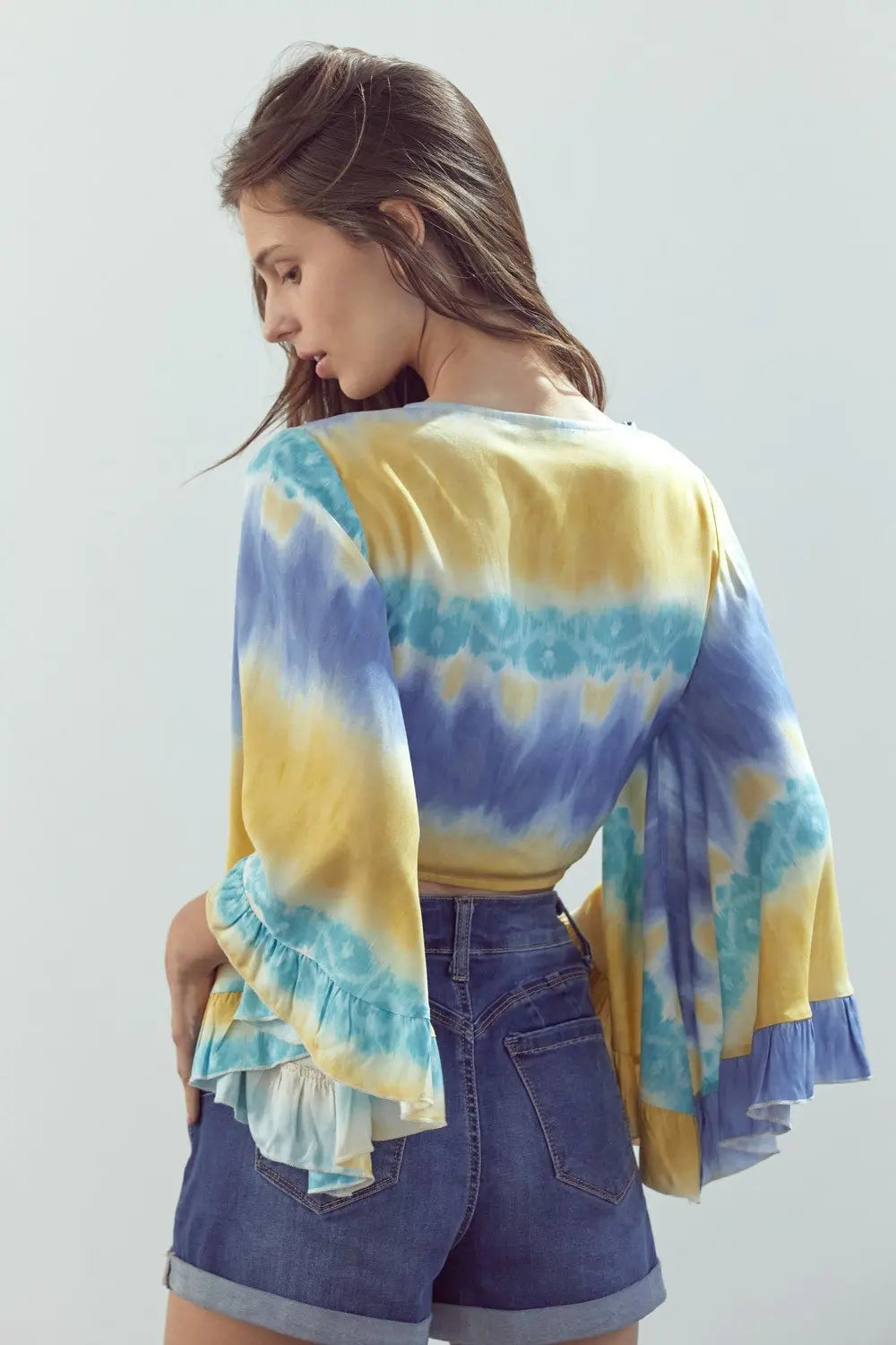 Bell-Sleeve Tie-Dye Crop Top with Flowy Sleeves Indigo Arrowwood