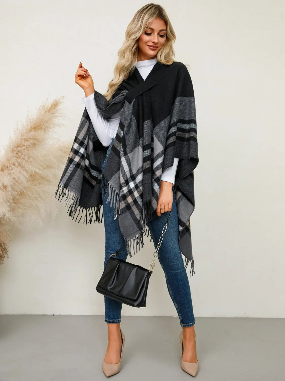 Fringe Contrast Plaid Poncho Trendsi