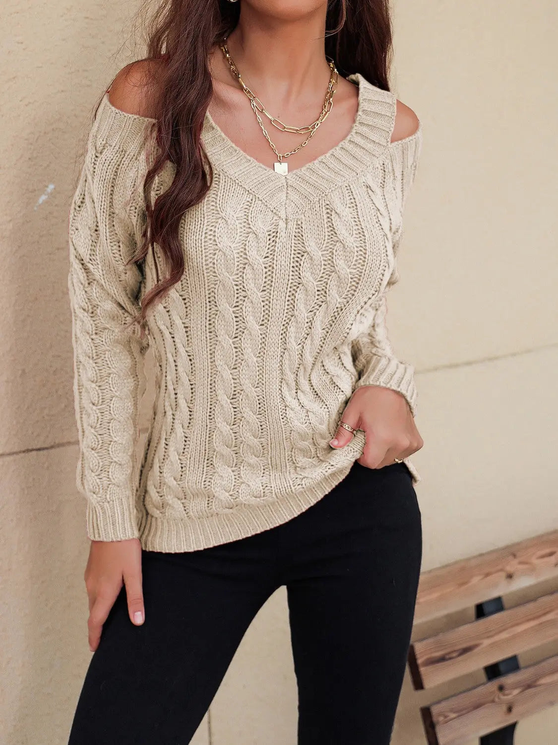 Honey Cable-Knit V-Neck Cold Shoulder Sweater Trendsi