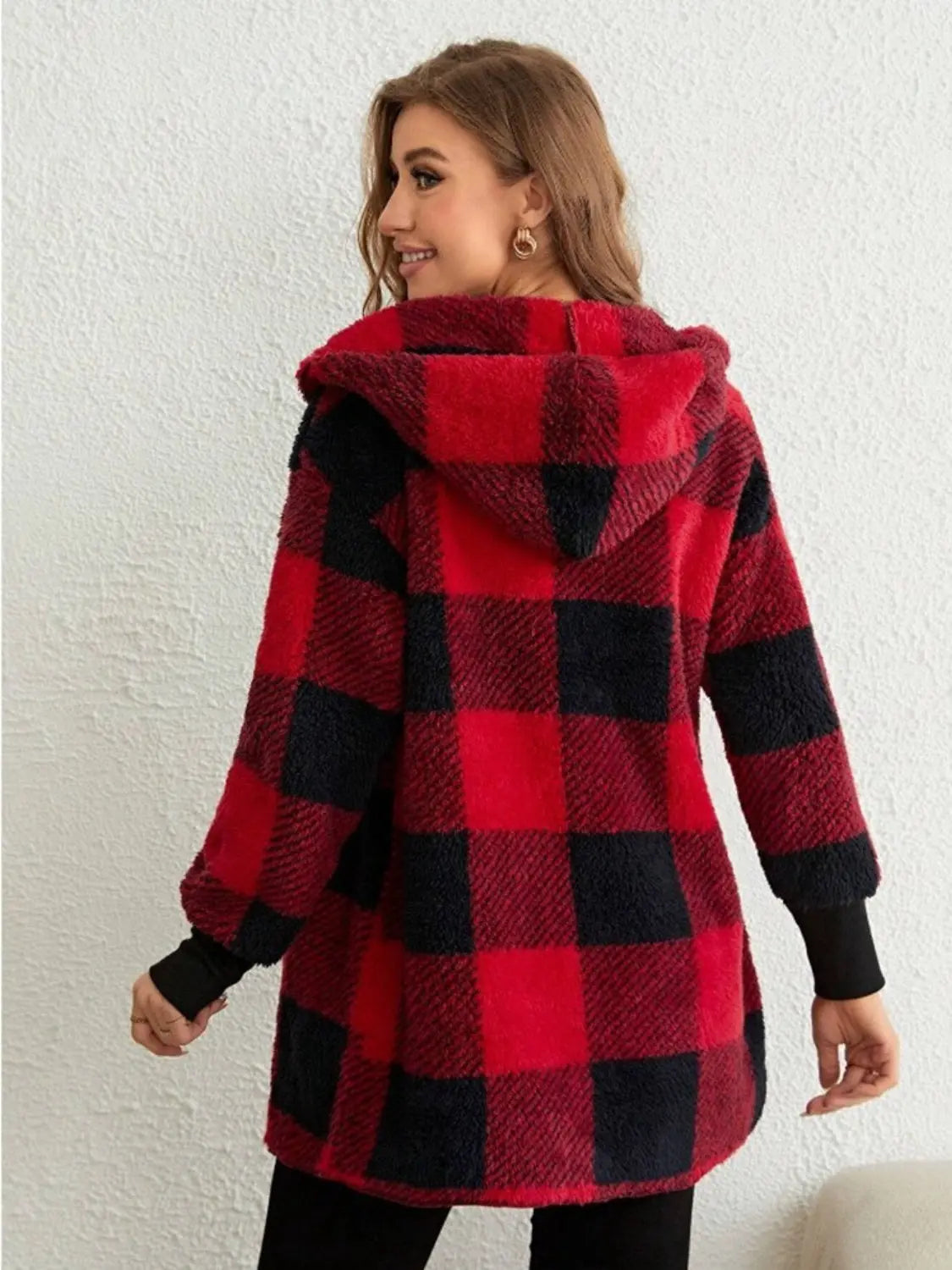 Plaid Long Sleeve Hooded Coat Trendsi