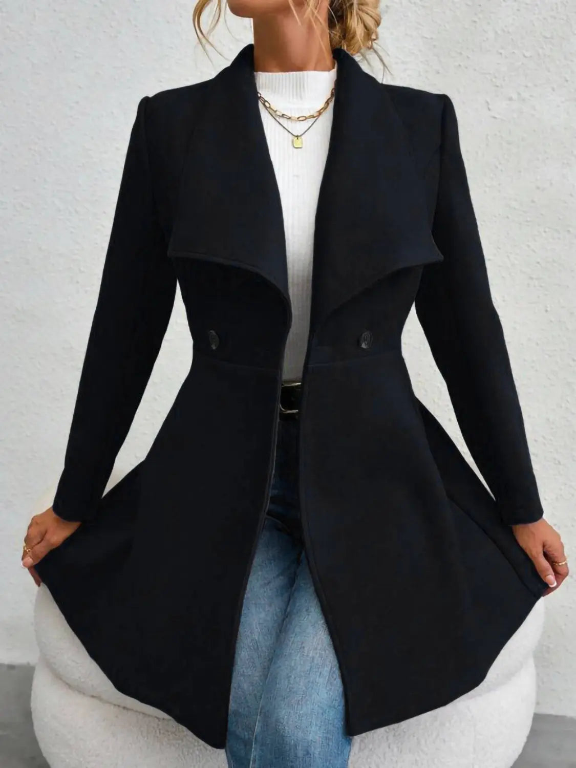 Collared Neck Button Up Long Sleeve Coat Trendsi