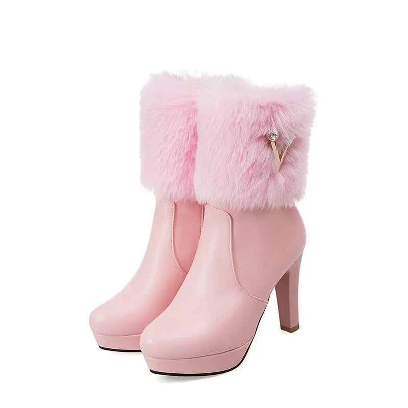 Autumn And Winter Short Boots Snow Female Buskin Female Boots Chunky Heel Booties Magenta Charlie