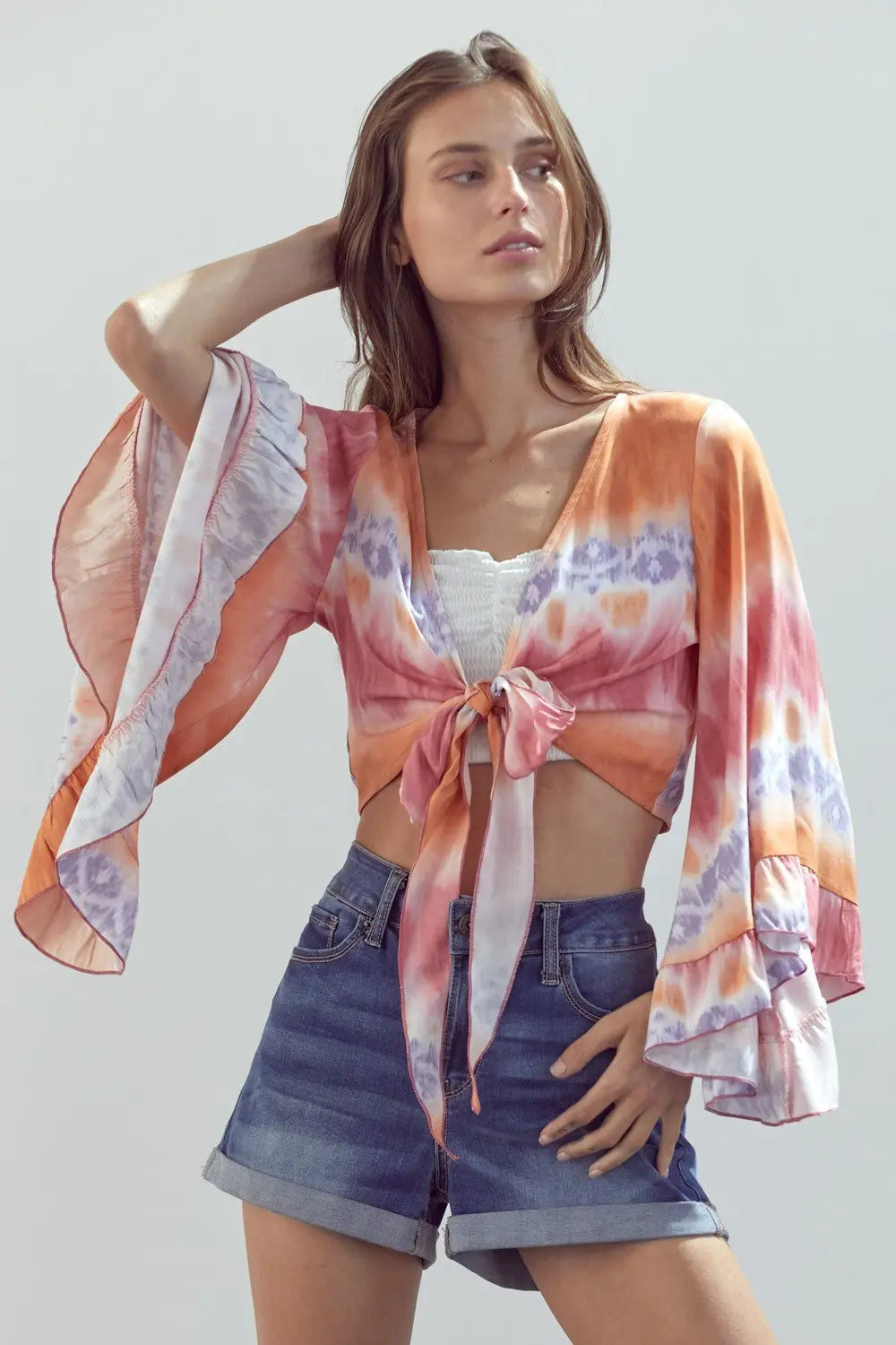 Bell-Sleeve Tie-Dye Crop Top with Flowy Sleeves Indigo Arrowwood