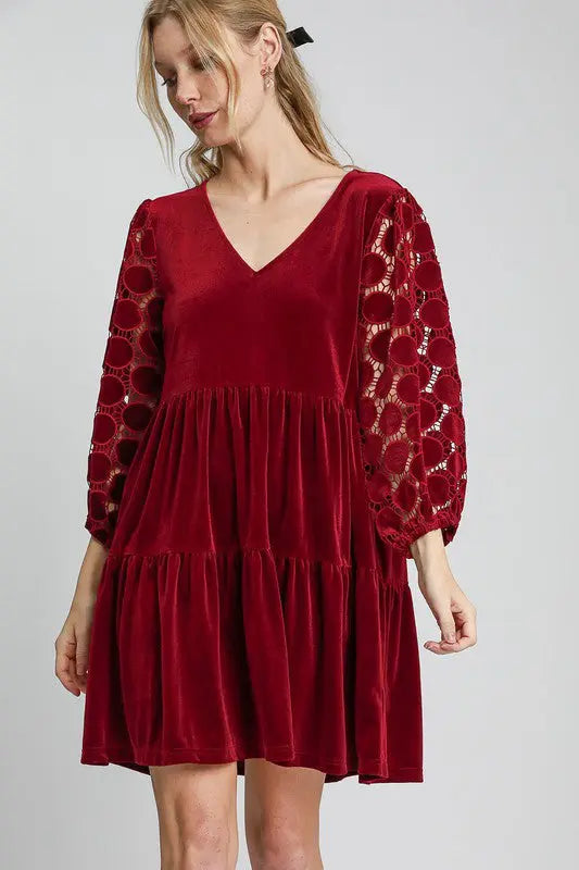 Umgee Dotted Lace Sleeve Tiered Velvet Mini Dress Trendsi