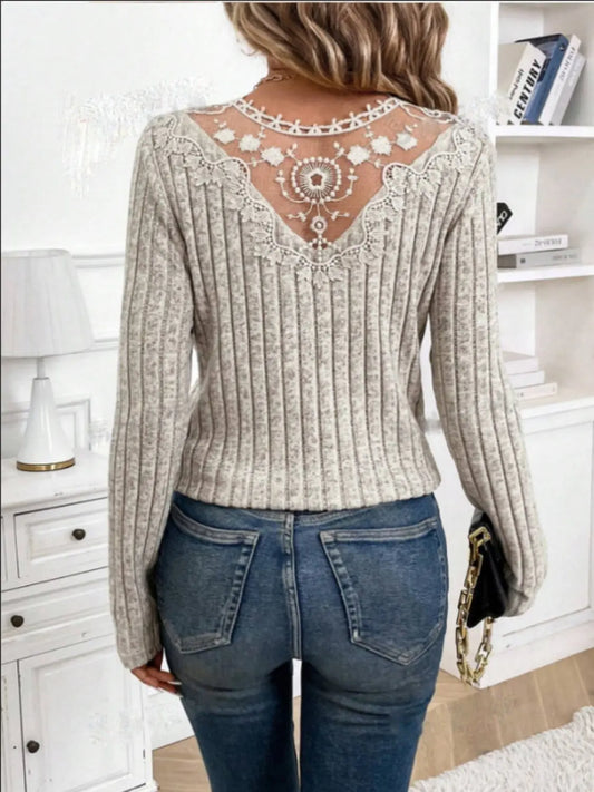 Lace Detail V-Neck Long Sleeve T-Shirt Trendsi