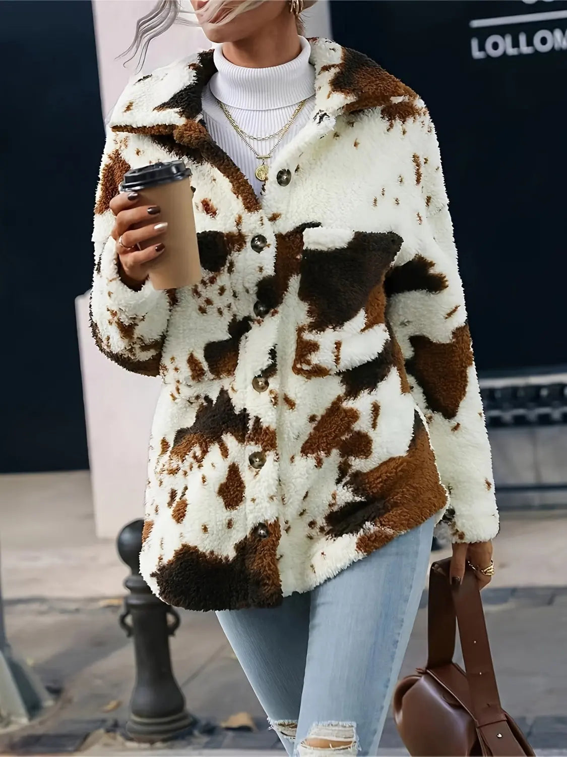 Cow Print Collared Neck Button Up Fuzzy Jacket Trendsi