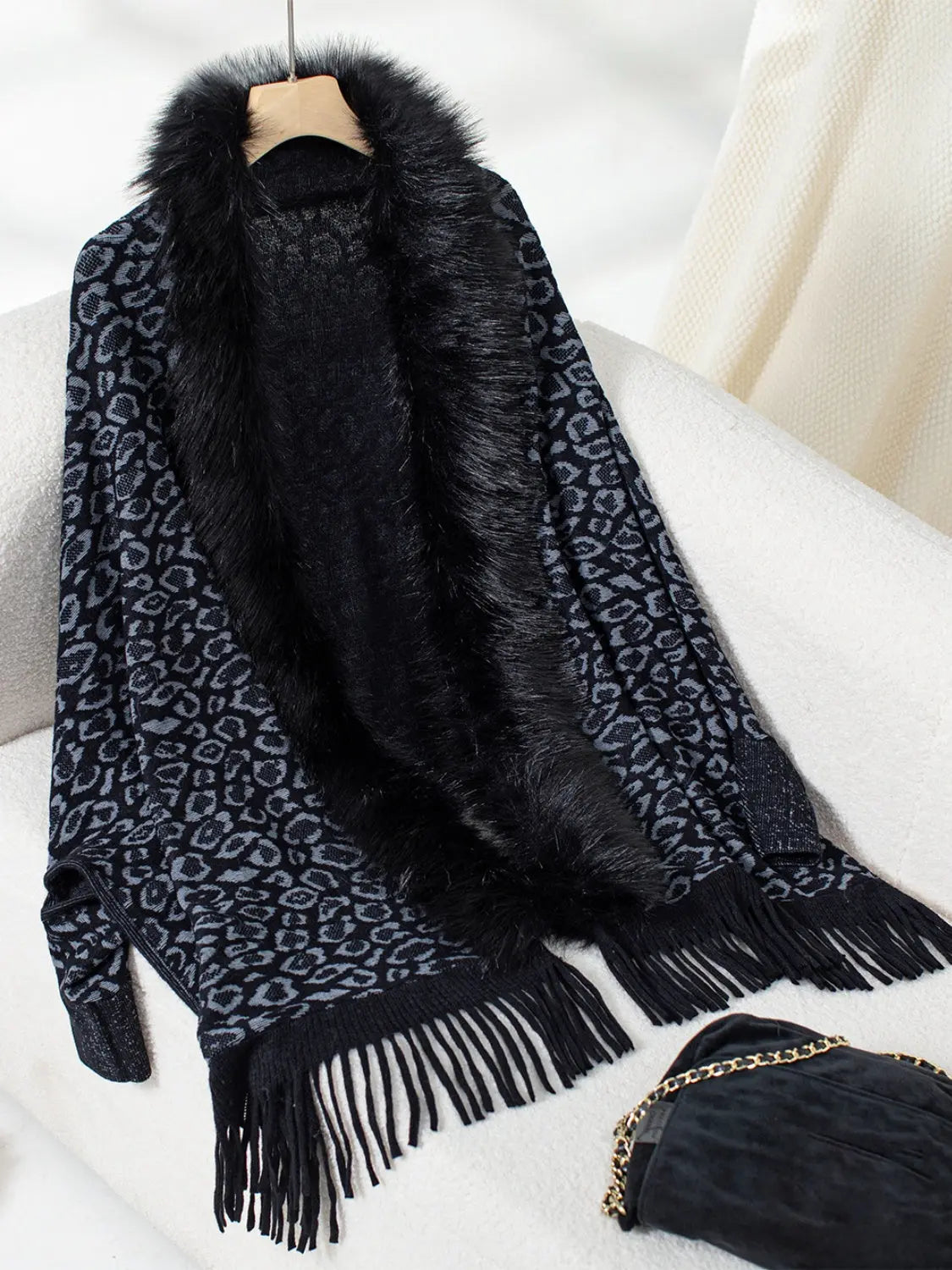 Fringe Leopard Open Front Long Sleeve Poncho Trendsi