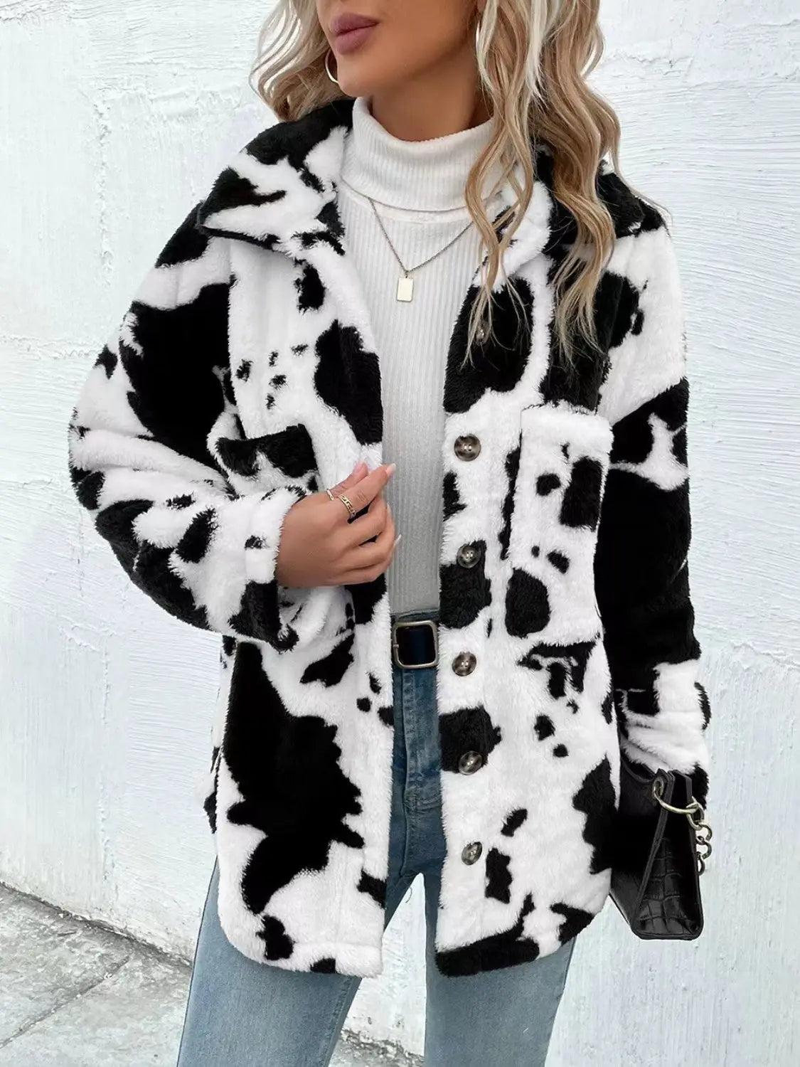 Cow Print Collared Neck Button Up Fuzzy Jacket Trendsi