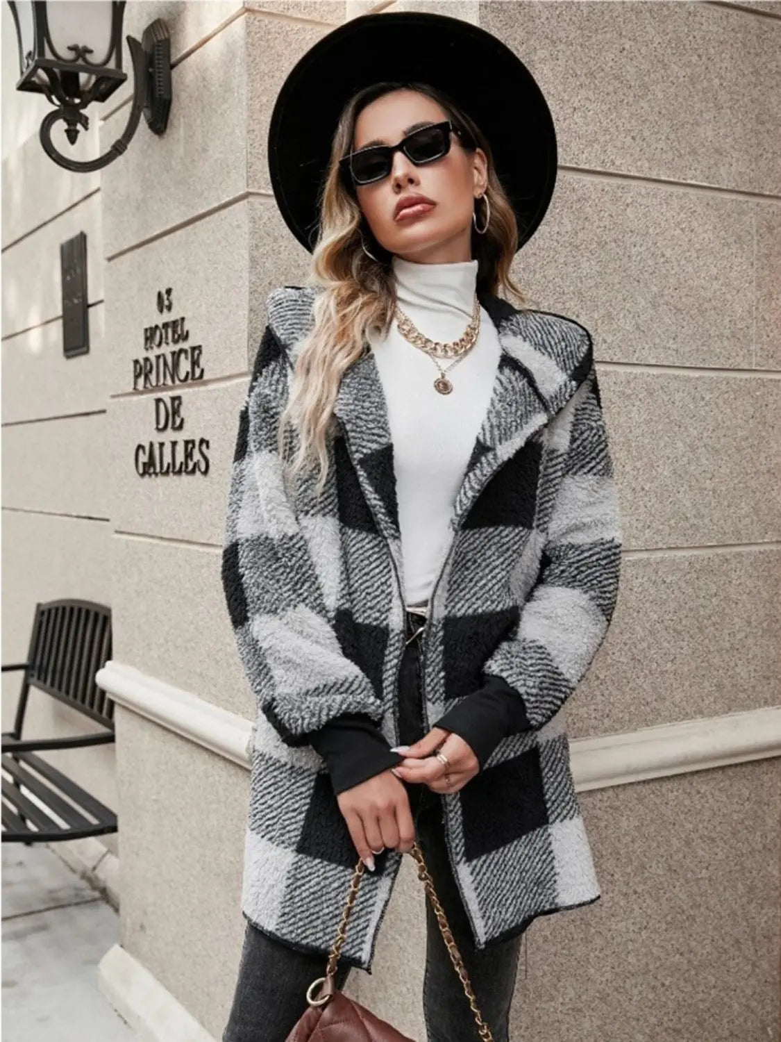 Plaid Long Sleeve Hooded Coat Trendsi