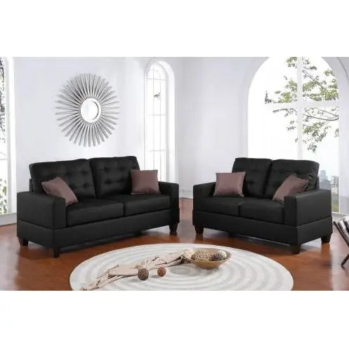 Living Room Furniture 2pc Sofa Set Black Faux Leather Tufted Sofa Loveseat W Pillows Cushion Couch Magenta Charlie