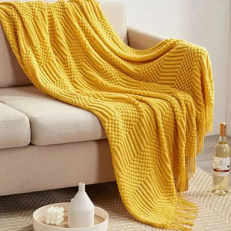 Hand Knitted Tassel Throw Blanket Copper Pallas