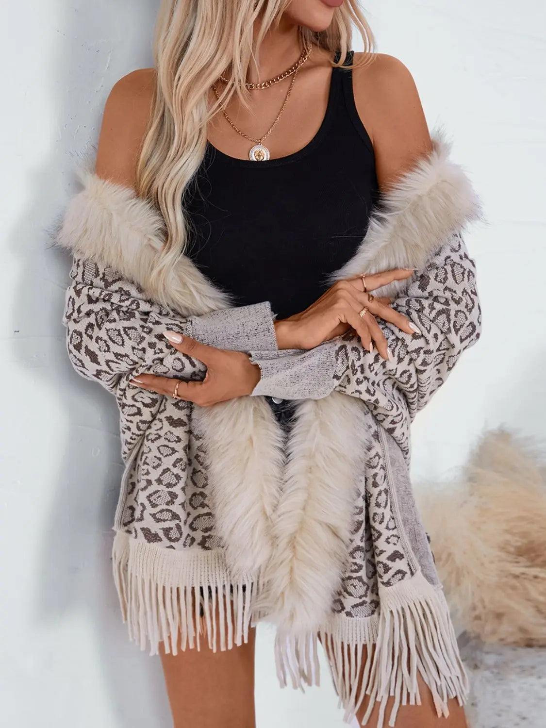 Fringe Leopard Open Front Long Sleeve Poncho Trendsi