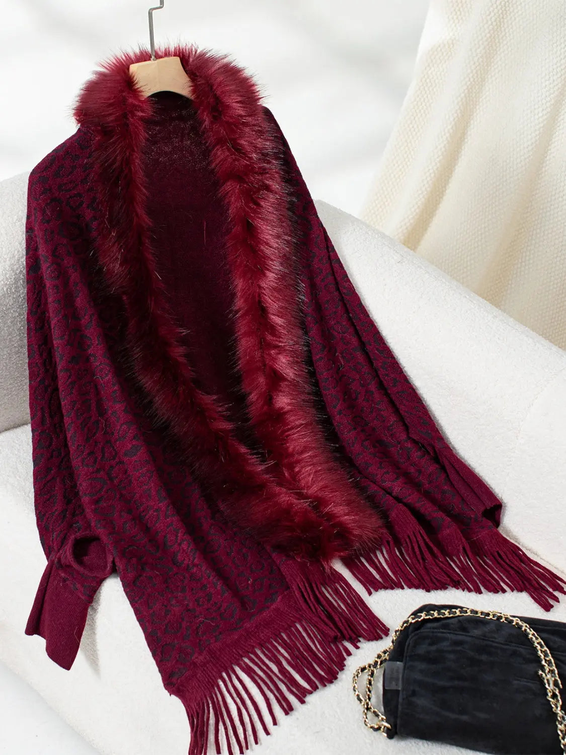 Fringe Leopard Open Front Long Sleeve Poncho Trendsi