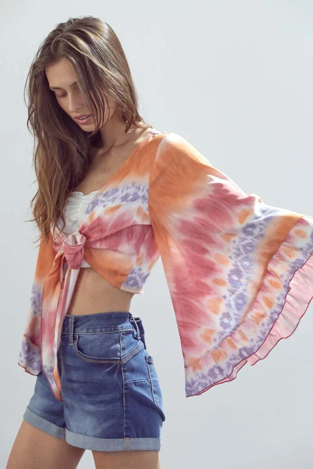 Bell-Sleeve Tie-Dye Crop Top with Flowy Sleeves Indigo Arrowwood