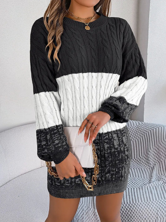 Cable-Knit Round Neck Color Block Sweater Dress Trendsi