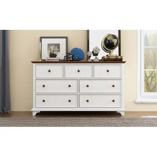 Wooden Captain Seven-Drawer Dresser For Bedroom, Living Room, Kids' Room, White Walnut The Zebra Effect