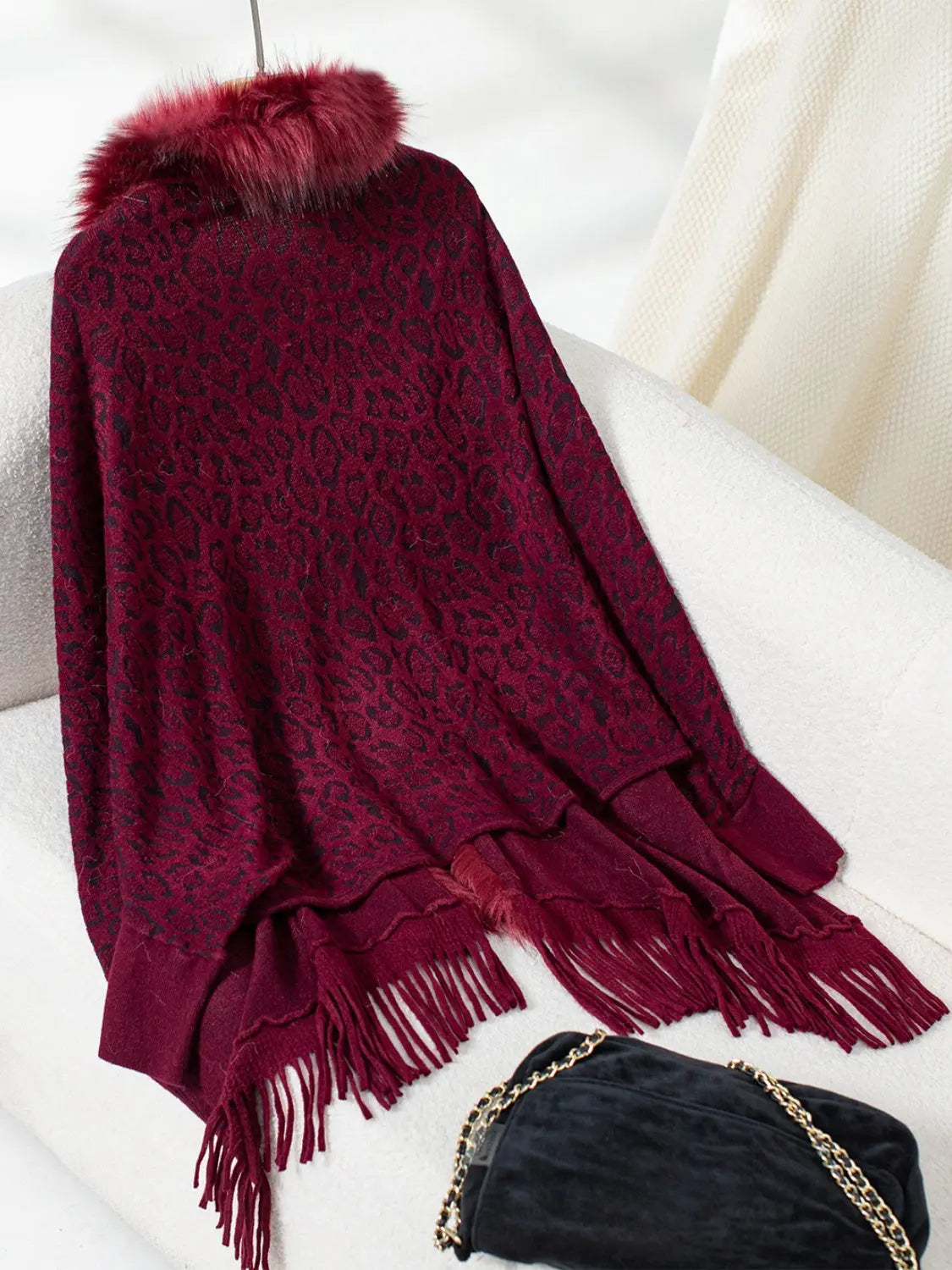 Fringe Leopard Open Front Long Sleeve Poncho Trendsi