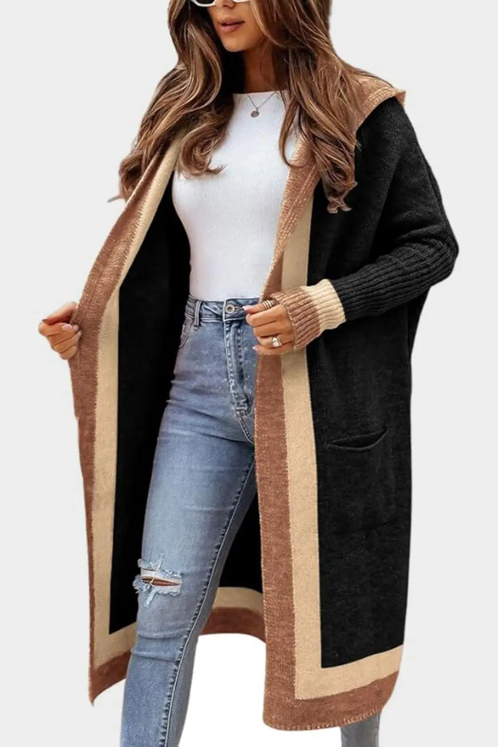 Pocketed Contrast Long Sleeve Hooded Cardigan Trendsi