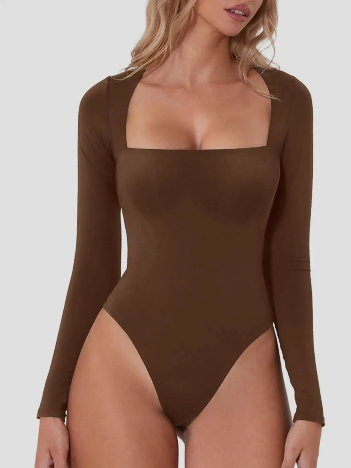 Square Neck Long Sleeve Bodysuit Trendsi