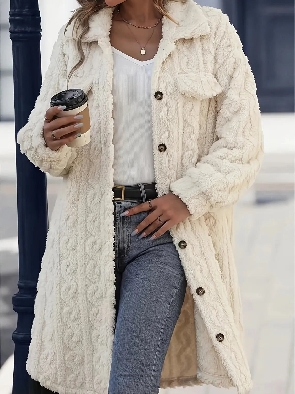 Fuzzy Button Up Long Sleeve Longline Coat Trendsi