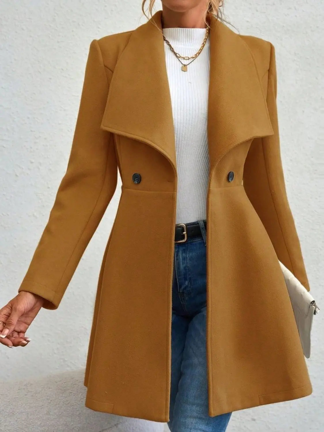 Collared Neck Button Up Long Sleeve Coat Trendsi