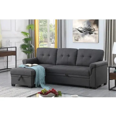 Dark Gray Linen Reversible Sleeper Sectional Sofa With Storage Chaise Magenta Charlie