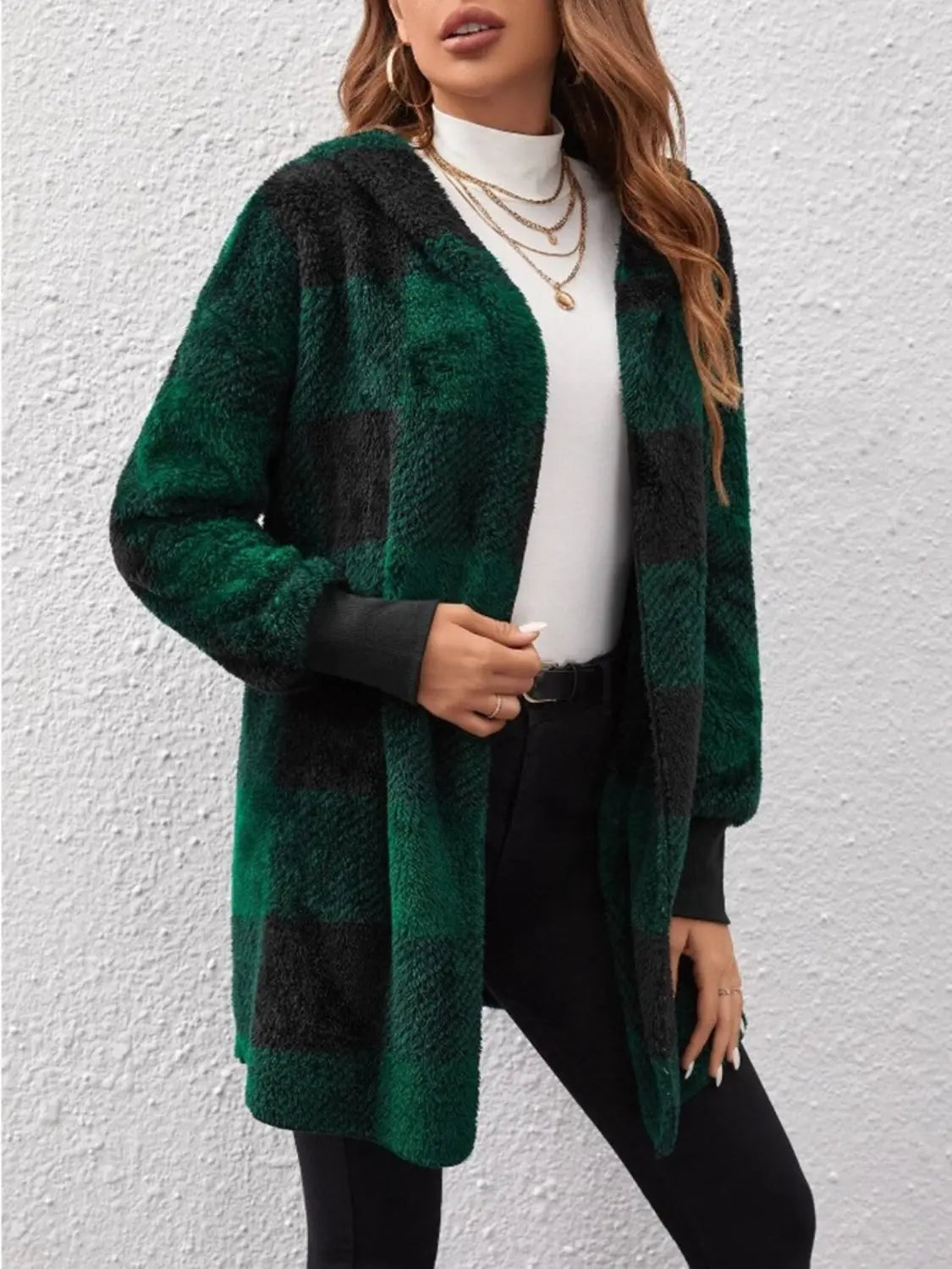 Plaid Long Sleeve Hooded Coat Trendsi